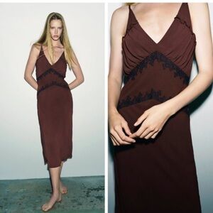 NEW Zara Long lingerie Dress With Lace Trim size M